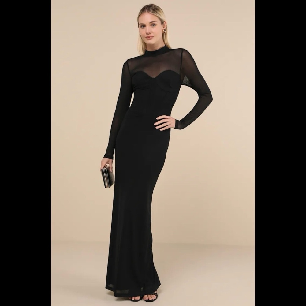 NWT LULUS Sensational Appeal Black Mesh Cutout Long Sleeve Maxi Dress